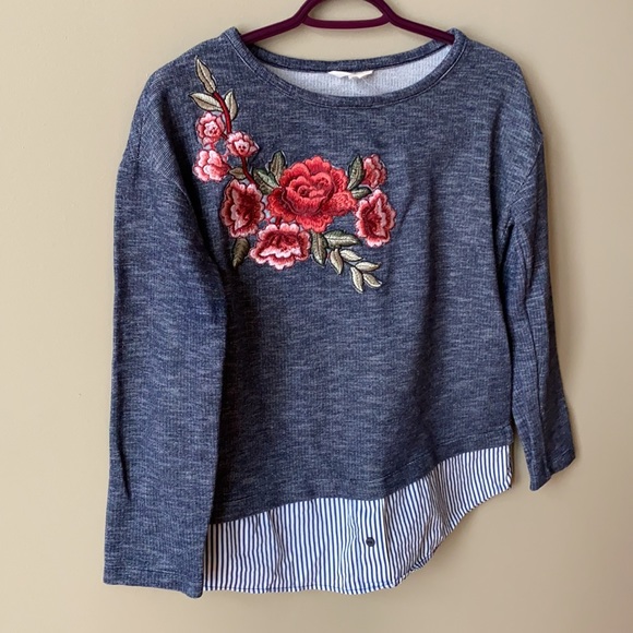 Springfield Top ⭐️ Blue Sweater with Roses with Fake Stripped Shirt Under - Picture 2 of 7